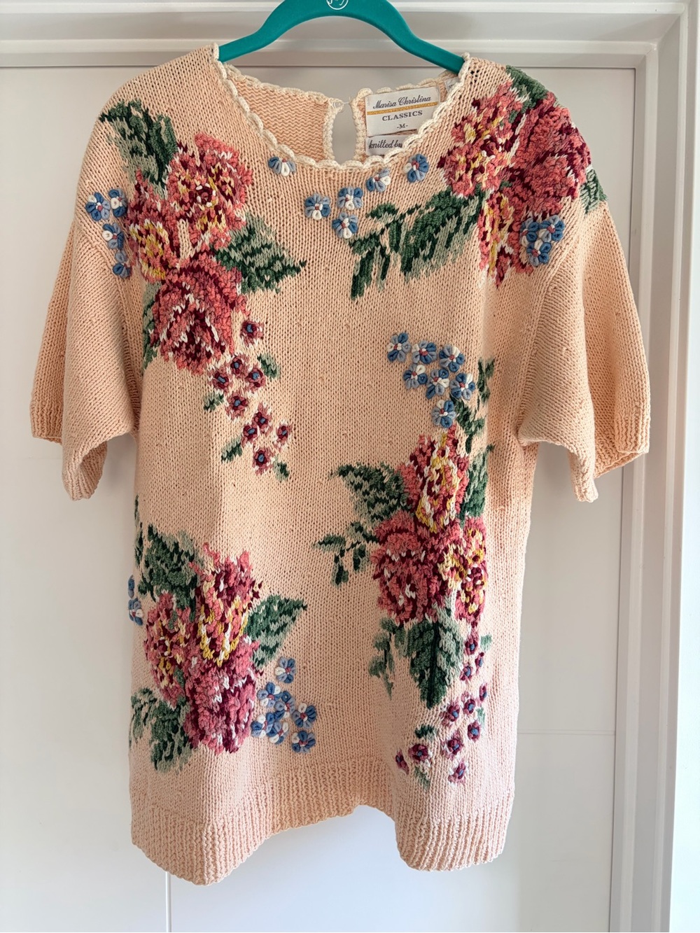 Peach Floral Embroidered Knit Top - Women's Crew Neck Sweater